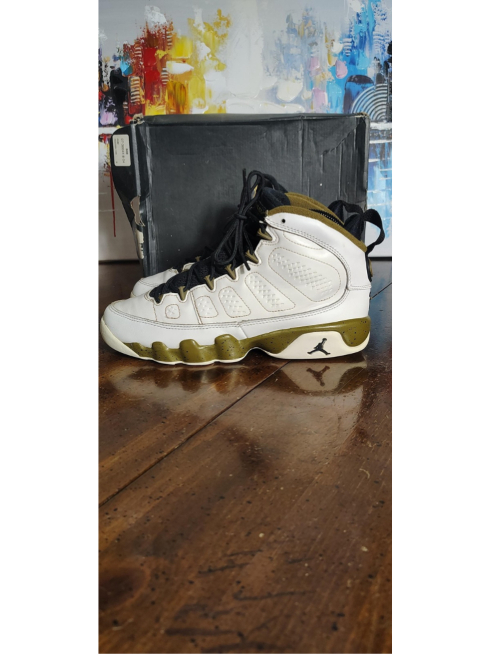 Air Jordan 9 Retro Shoes Youth Size 6Y White Olive Green Sneakers 302359-109